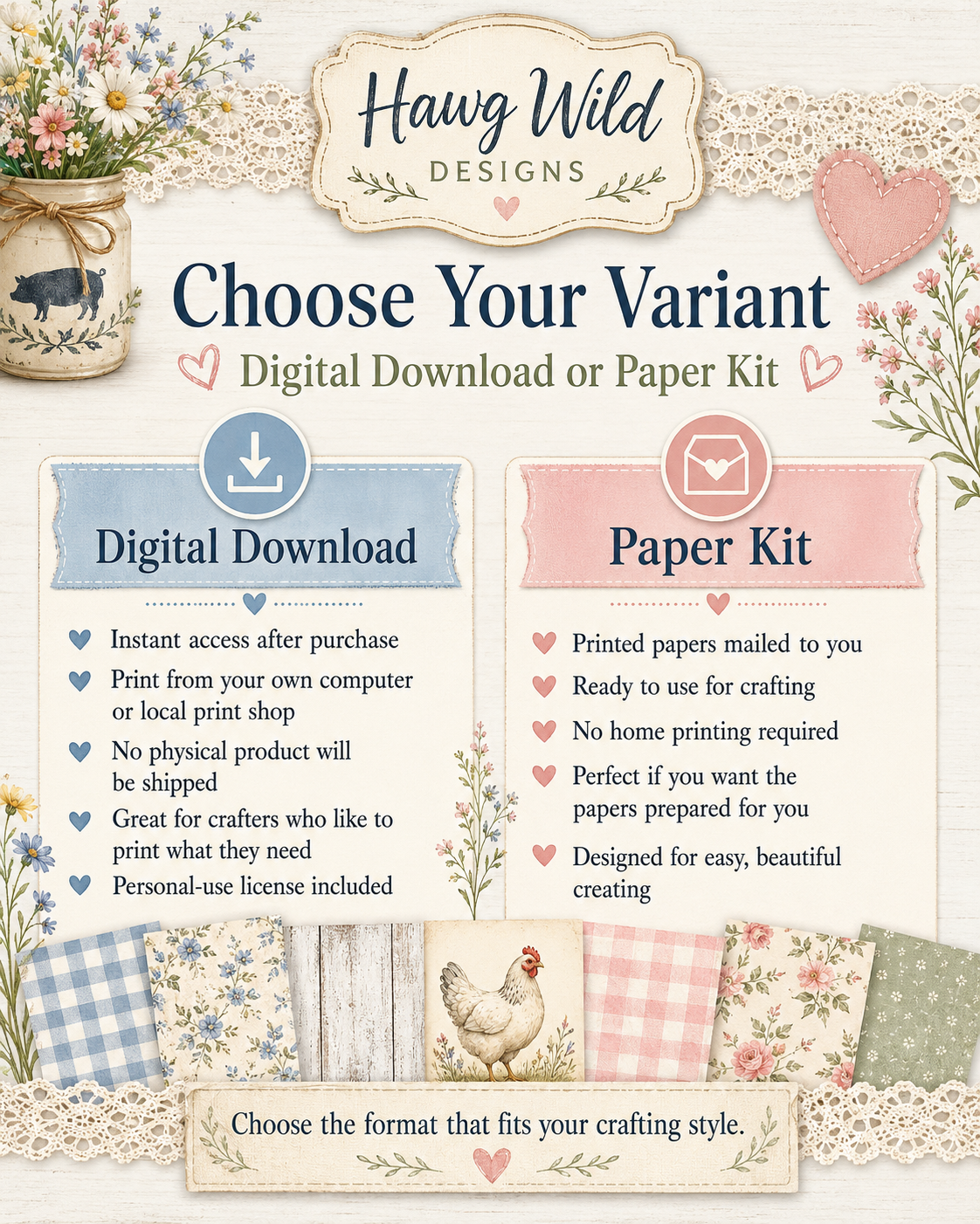 Choose Digital Download or Paper Kit for Country Blooms and Happy Hens, with instant access or printed papers mailed.