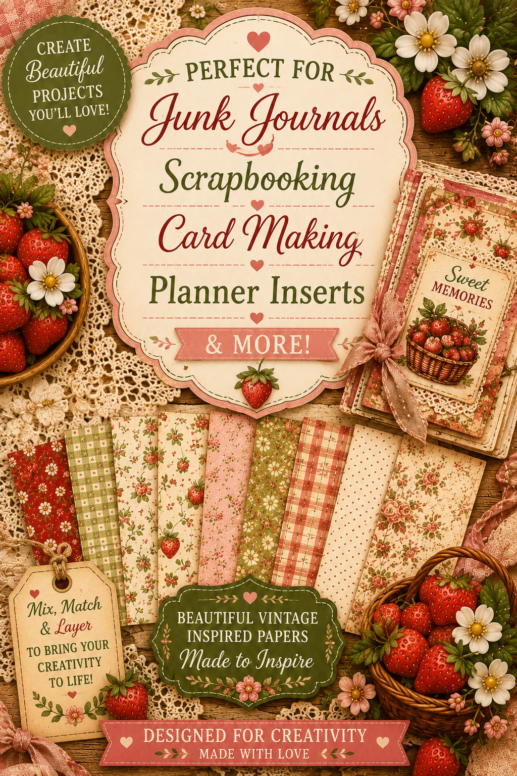 Strawberry printable scrapbook paper collection featuring vintage floral cottagecore junk journal papers for digital crafting.