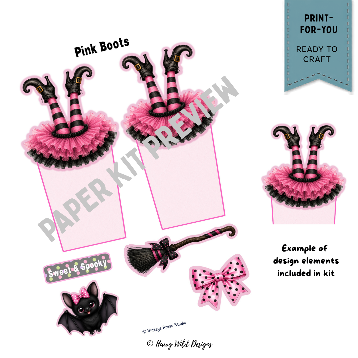 Boots Bows & Broomsticks Halloween craft kit preview with pink witch boots, broom, bow, bat, and printable tag elements