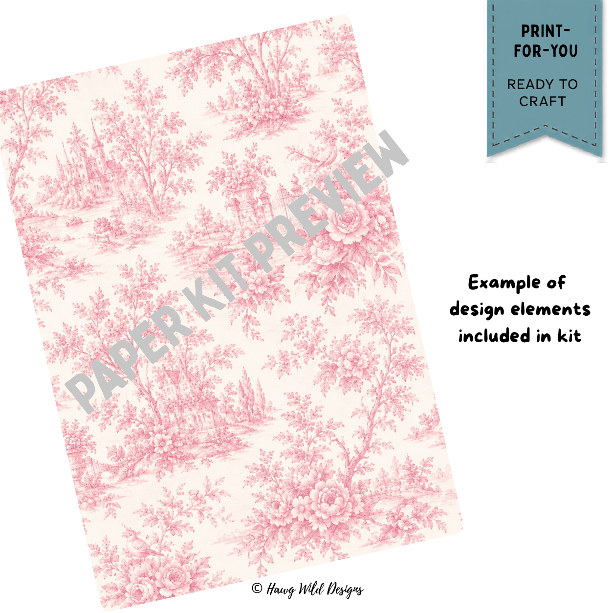Pink vintage toile floral paper with cottages, gardens and roses from the Toile-O-Ween Halloween craft collection