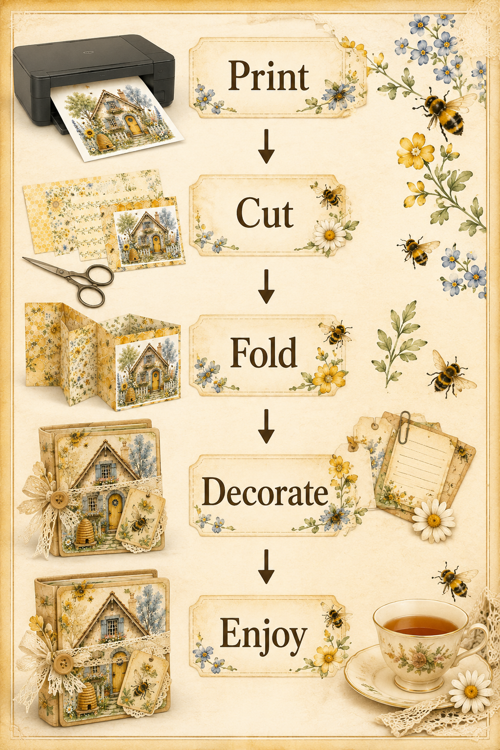 Step-by-step infographic showing how to create The Beekeeper's Fold-Out Journal by printing the pages, cutting, folding, decorating, and enjoying the finished interactive paper craft.