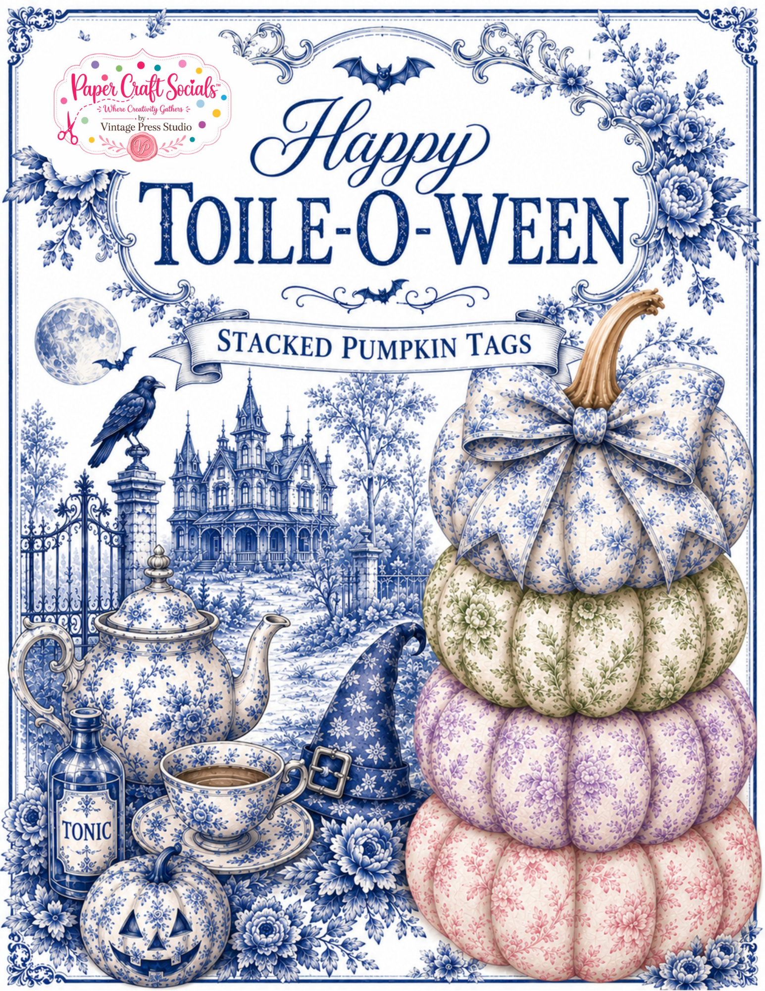 Toile-O-Ween Stacked Pumpkin Tags Halloween paper craft kit with vintage toile pumpkins, witch hat, tea set and floral designs