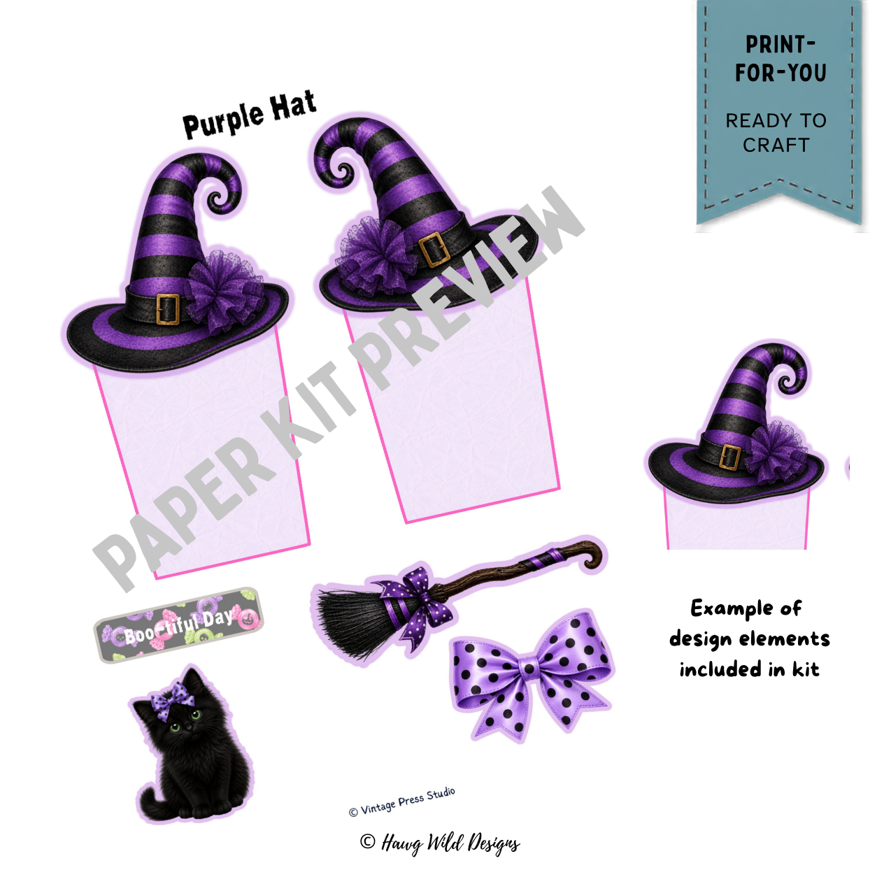 Boots Bows & Broomsticks Halloween paper craft kit preview with purple witch hat, broom, bow, black cat, and tag design elements