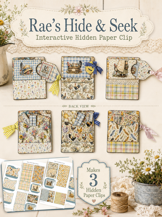 Rae’s Hide & Seek Interactive Hidden Paper Clip kit showing the front and back of three finished chicken-themed paper clips and printable project pages.