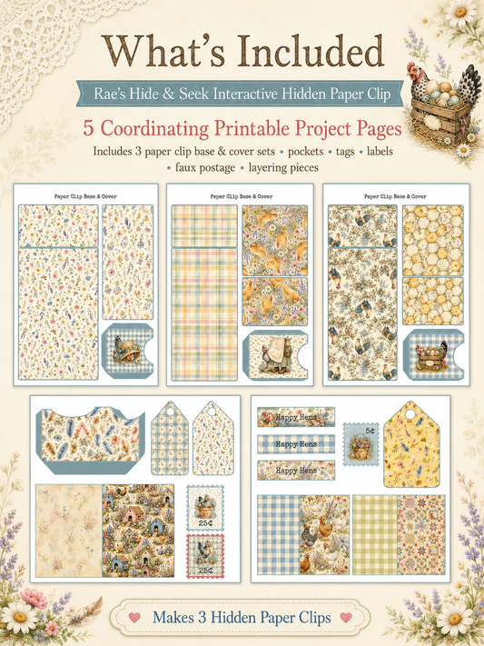 Five printable project pages with hidden paper clip bases, covers, pockets, tags, labels, stamps, and journal pieces