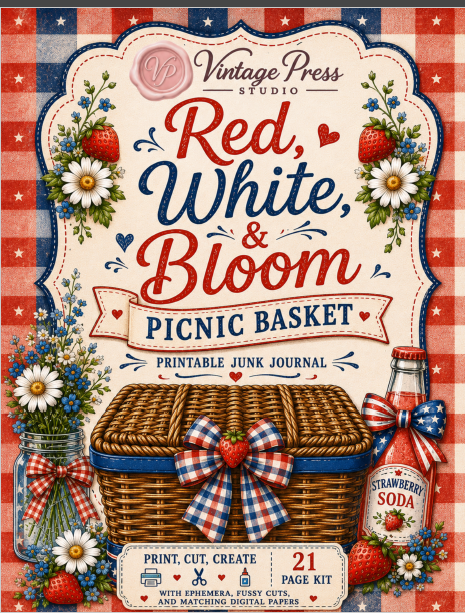 Red, White & Bloom Picnic Basket Journal Folio Kit
