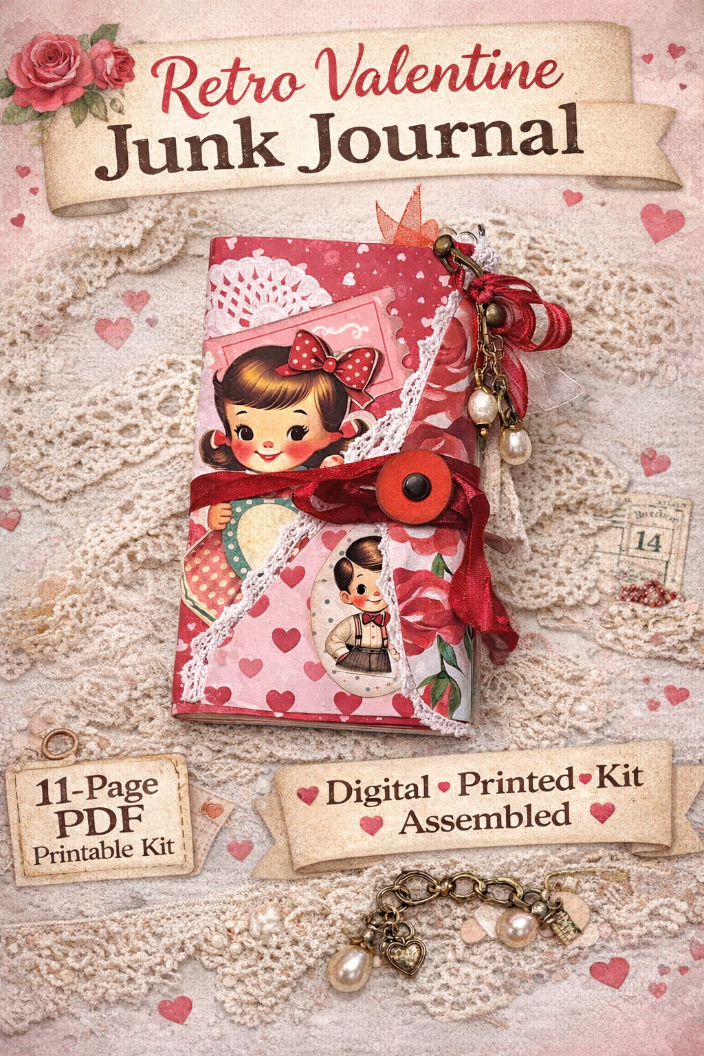 tro Valentine junk journal folio with lace trim, ribbon button closure, vintage sweetheart graphics, and charm dangles, shown as an 11-page PDF printable kit