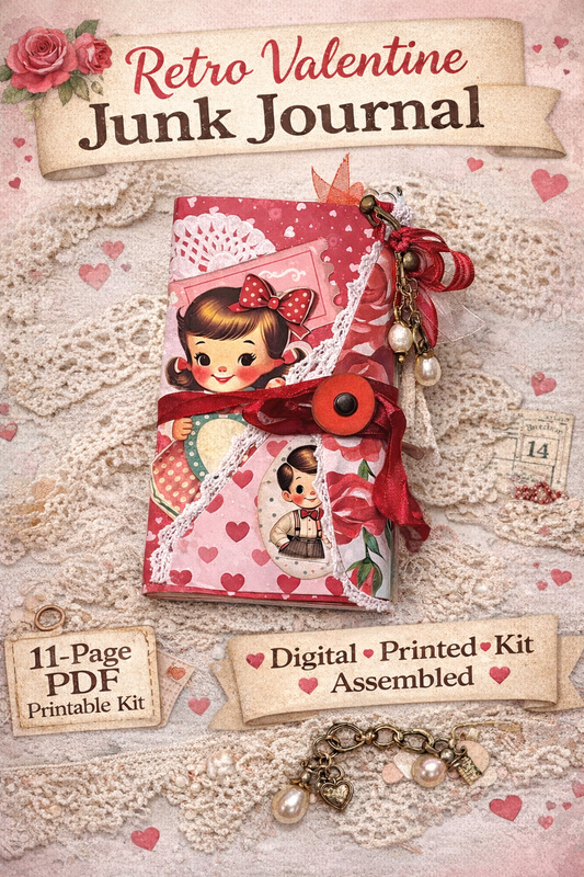 tro Valentine junk journal folio with lace trim, ribbon button closure, vintage sweetheart graphics, and charm dangles, shown as an 11-page PDF printable kit