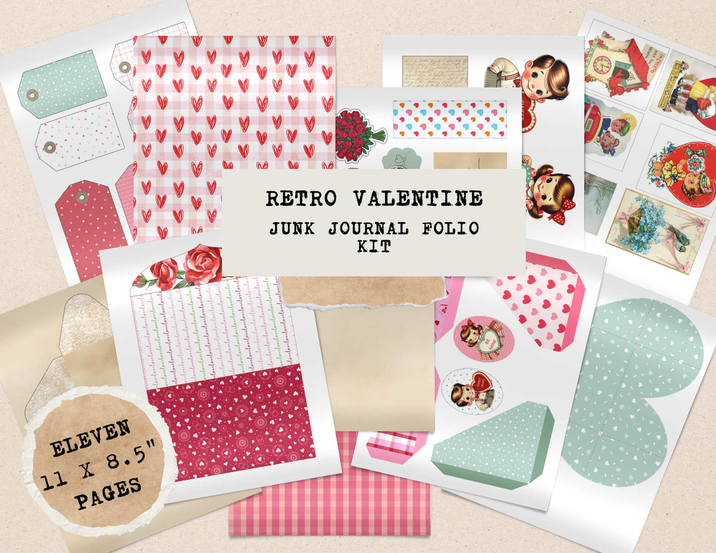 Retro Valentine junk journal folio kit overview showing 11 printable pages including patterned papers, tags, pockets, ephemera, and folio pieces laid out together