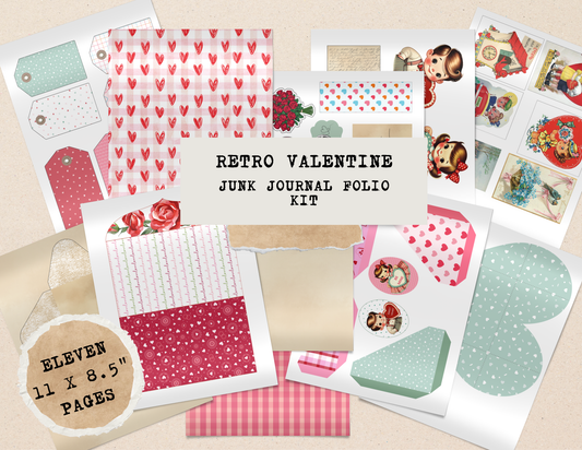 Retro Valentine junk journal folio kit overview showing 11 printable pages including patterned papers, tags, pockets, ephemera, and folio pieces laid out together