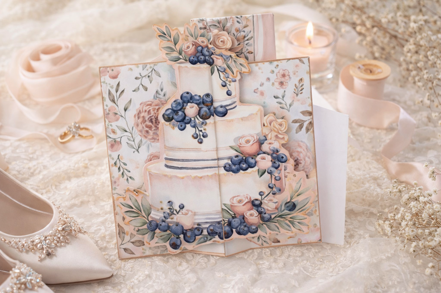 3D wedding card with floral cake design in soft blush and blue tones