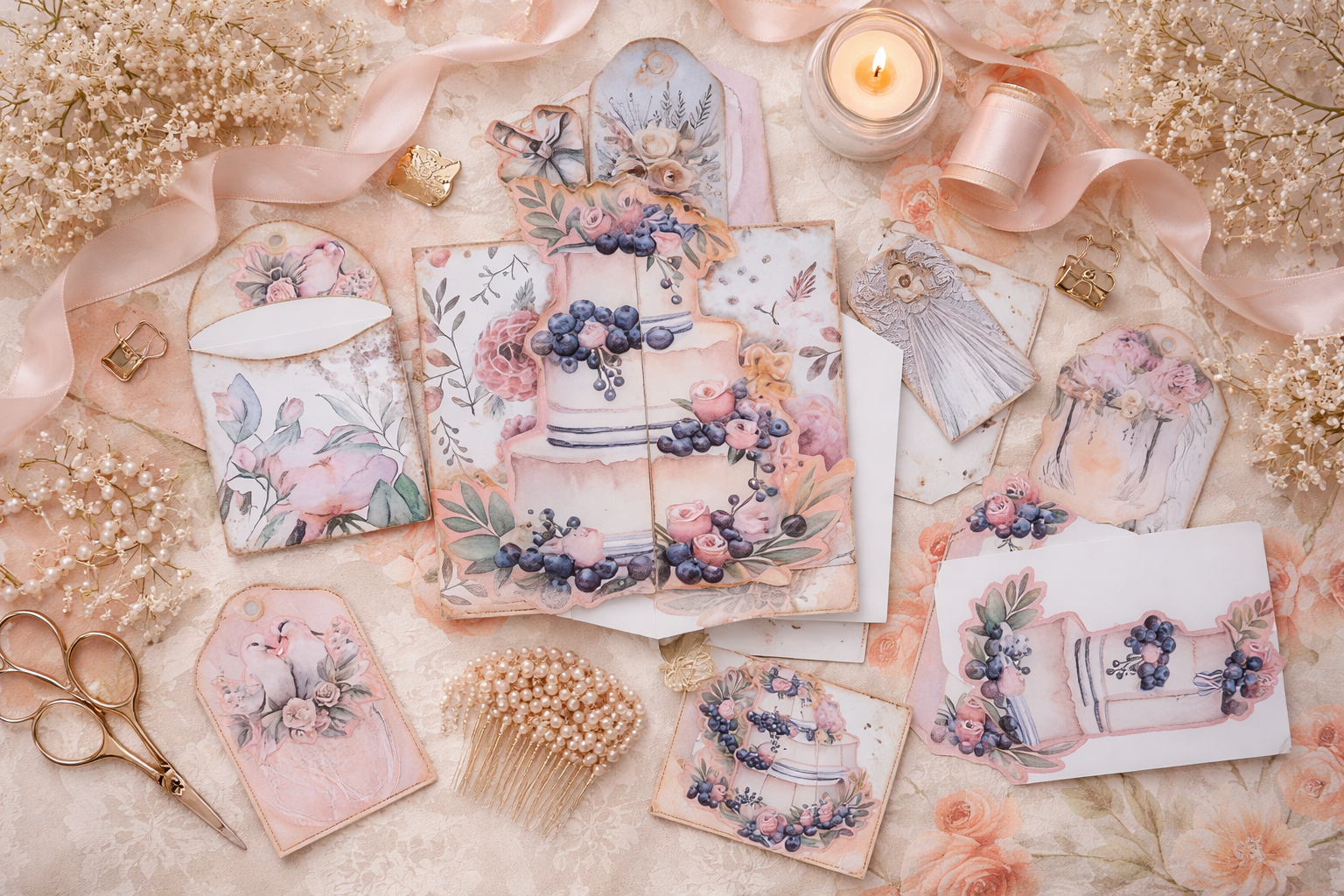 DIY wedding card kit pieces laid out for assembly