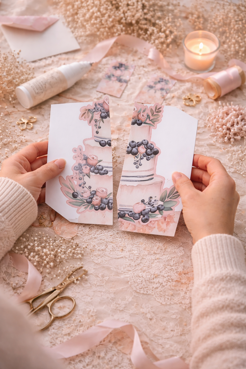 Hands assembling layered 3D wedding card step by step