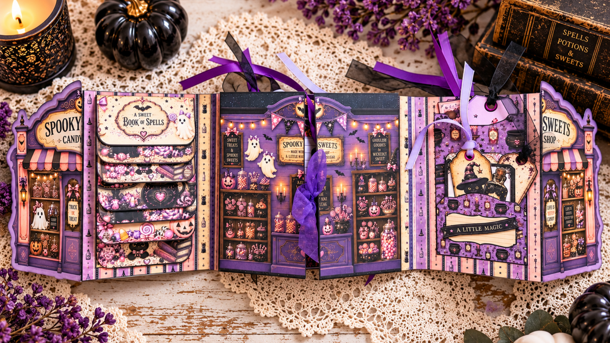 Open Haunted Candy Shop Junk Journal Kit showing layered pockets, tags, candy shop artwork, ribbons and Halloween ephemera in purple and pink.