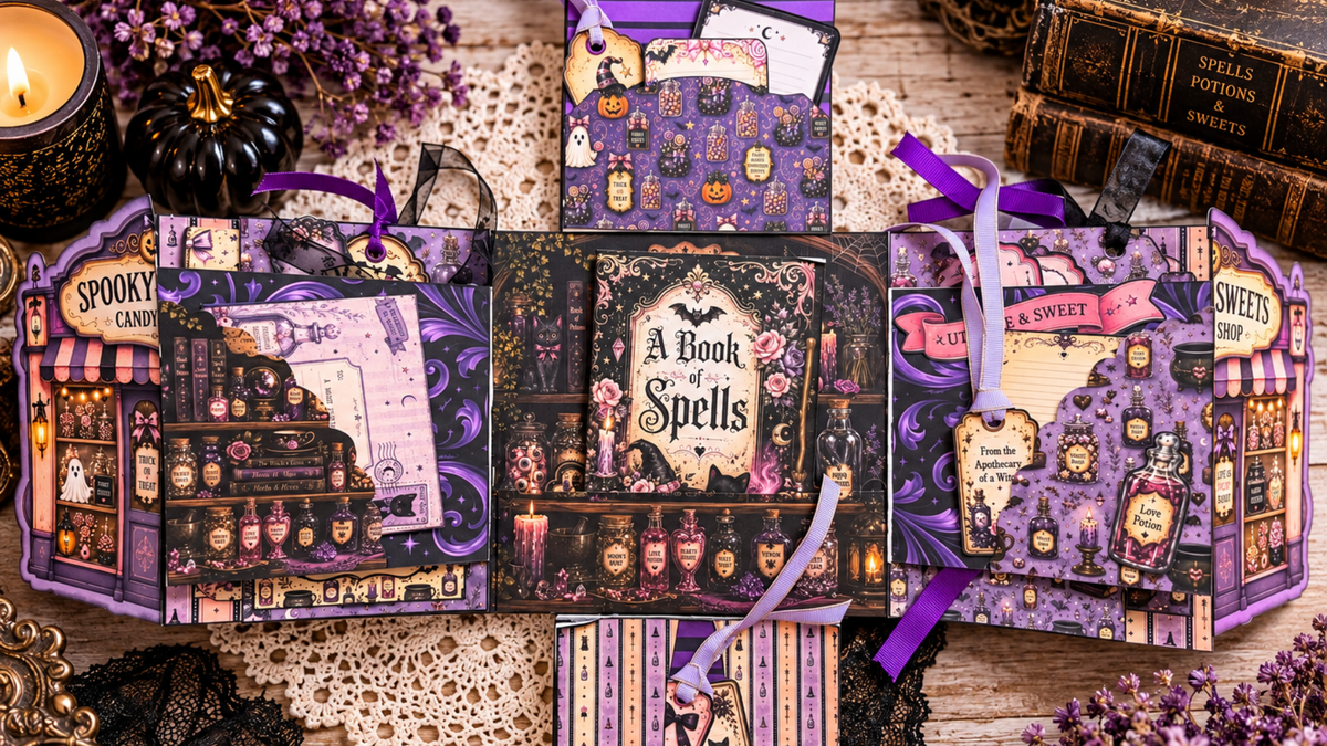 Inside view of the Haunted Candy Shop Junk Journal with Book of Spells artwork, potion-themed pockets, tags, journaling cards and ribbon details.