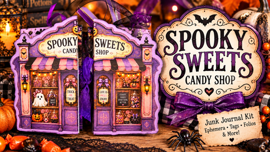 Haunted Candy Shop Junk Journal Kit featuring a purple and pink spooky sweets storefront, Halloween candy details, pumpkins and layered paper crafting elements.