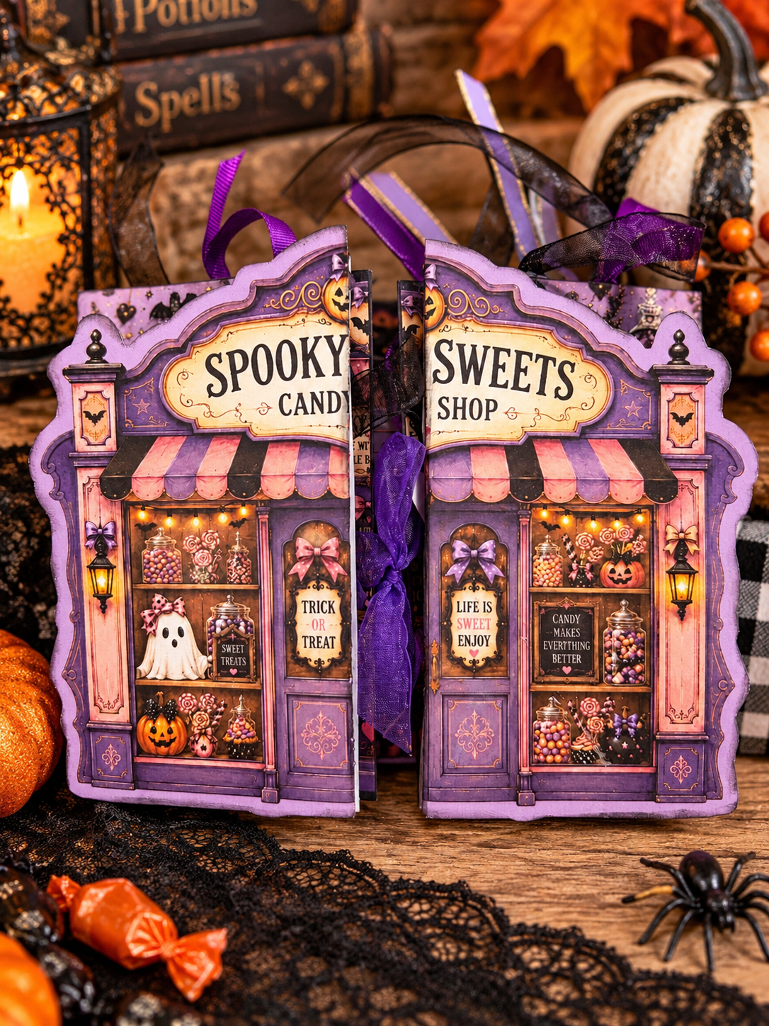 Finished Haunted Candy Shop Junk Journal with shaped candy shop cover, purple ribbon closure, Halloween sweets, ghosts, pumpkins and potion shop details.