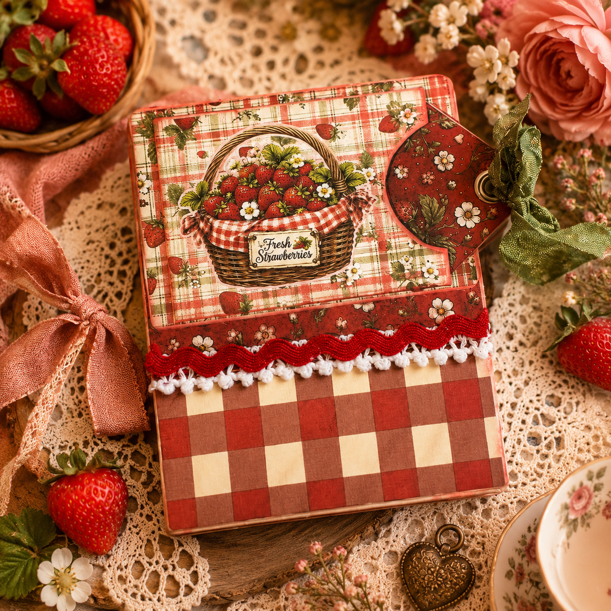Handmade strawberry themed hidden paper clip junk journal embellishment featuring vintage red gingham patterns, floral details, lace trim, ribbon accents, and layered paper crafting elements styled in a cottagecore strawberry picnic setting.