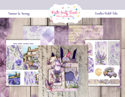 Printable Summer in Tuscany pocket folio kit with lavender florals, vintage postcards, Italian villas, and purple ephemera by Paper Craft Socials