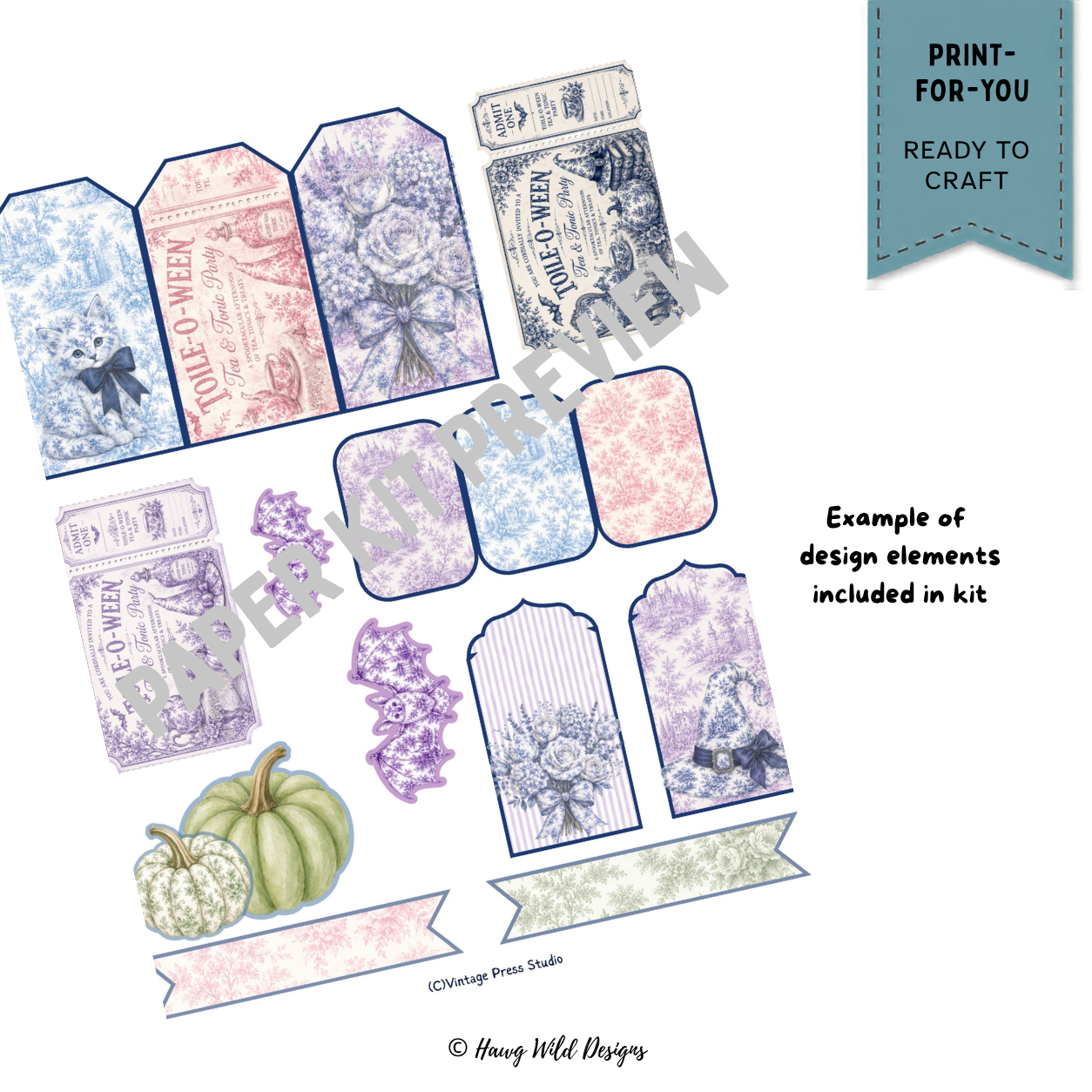 Toile-O-Ween Halloween paper craft kit elements with toile tags, pumpkins, bats, witch hat, tickets and floral accents