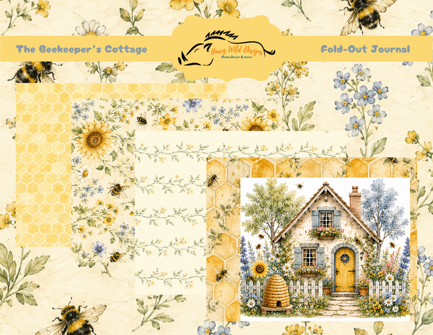 Printable fold-out bee-themed journal kit featuring coordinating botanical papers, honeycomb patterns, and a charming beekeeper's cottage design for junk journals and paper crafts.