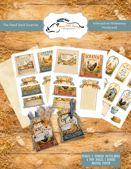 The Feed Sack Surprise interactive hideaway notecard printable featuring two farmhouse chicken feed sack designs, pull-out lined notecards, coordinating tags, egg collection log, feed receipt, ribbons, and rustic floral embellishments.