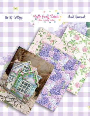 Lil’ Cottage printable memory keeper folio kit featuring a pink seaside cottage, palm trees, summer-themed tags, bookmarks, and beach ephemera for junk journaling and scrapbooking