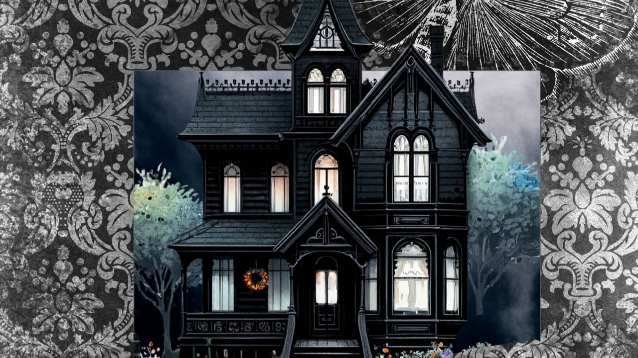 Twilight Manor Memory Keeper Journal with spooky Victorian house cover, black and white moth embellishment, and assorted black and white ribbons.