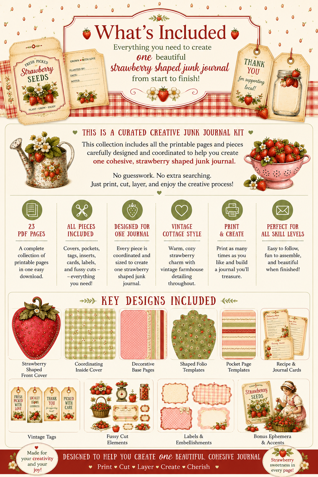 Printable strawberry themed curated creative junk journal digital download featuring vintage cottagecore floral papers.