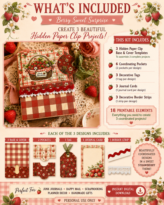Strawberry themed printable hidden paper clip craft kit showing what’s included, featuring 3 hidden paper clip templates, coordinating pockets, decorative tags, journal cards, border strips, and vintage cottagecore strawberry themed paper crafting designs.