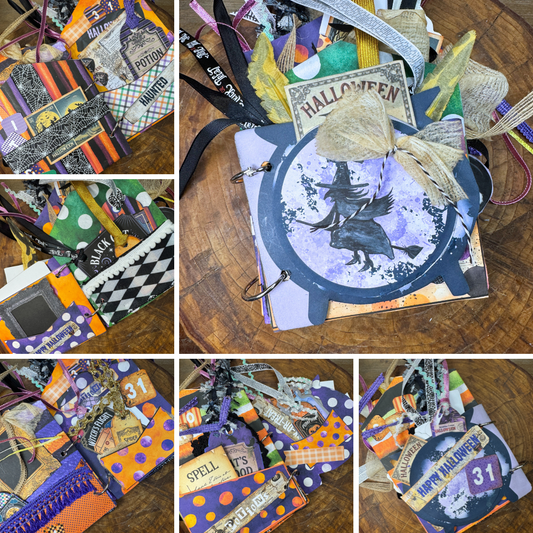 Witches Brew junk journal kit with ribbons, tags, and pockets