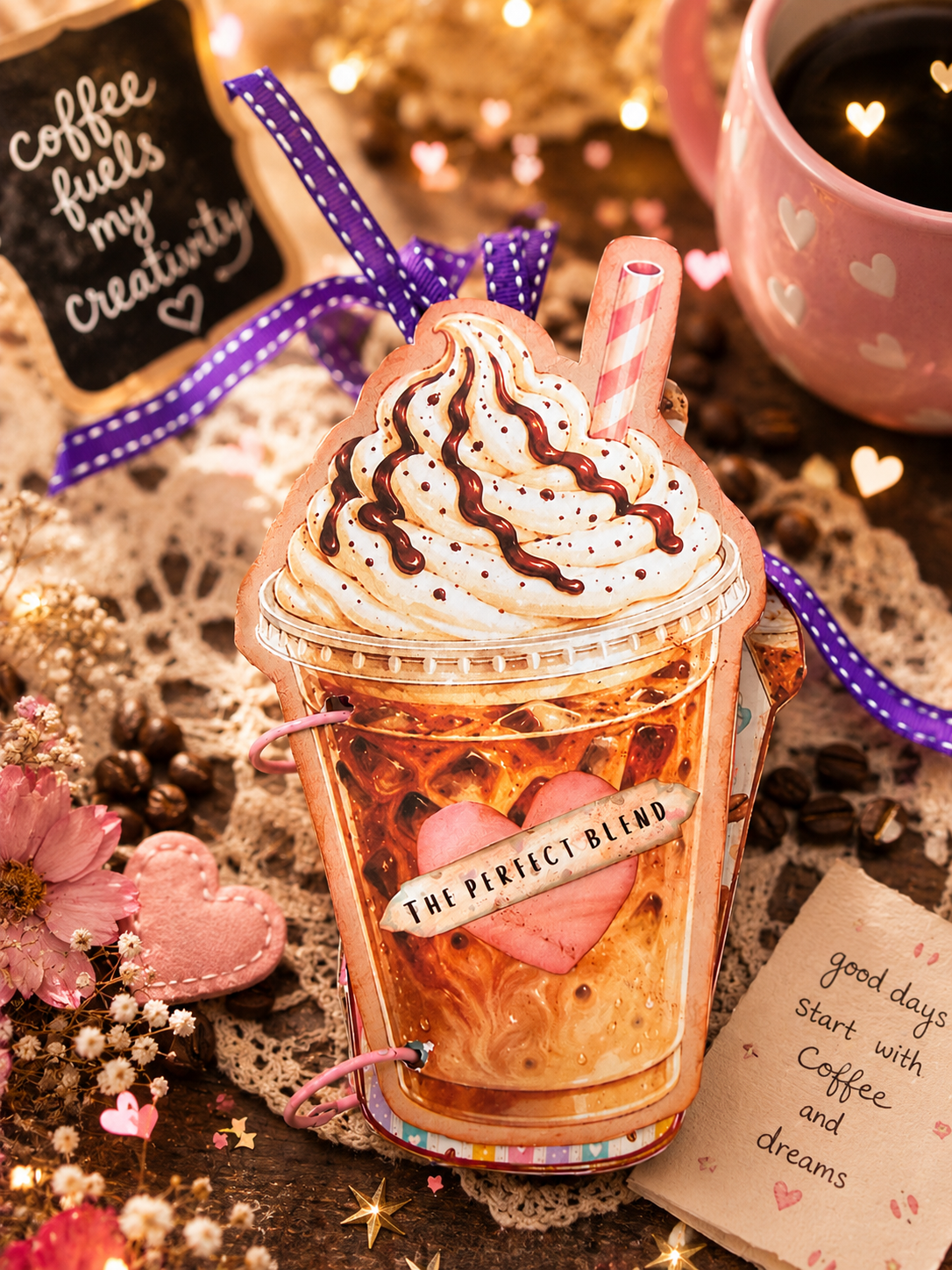 Closed Coffee and Friends iced coffee cup-shaped creative journal with whipped cream and chocolate drizzle cover