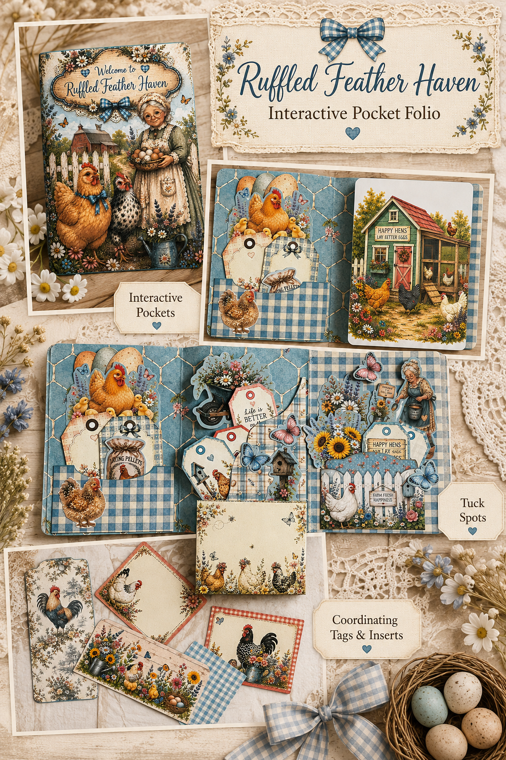 Open Garden Gate pocket folio showing interactive pockets, tuck spots, journaling cards, and country garden artwork