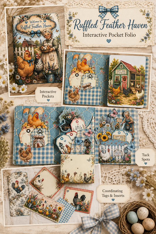 Open Garden Gate pocket folio showing interactive pockets, tuck spots, journaling cards, and country garden artwork
