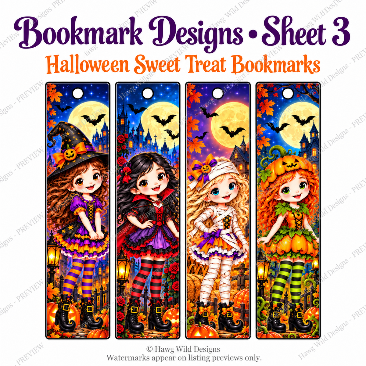 Halloween Sweet Treat Bookmarks Printable — coordinating design preview.