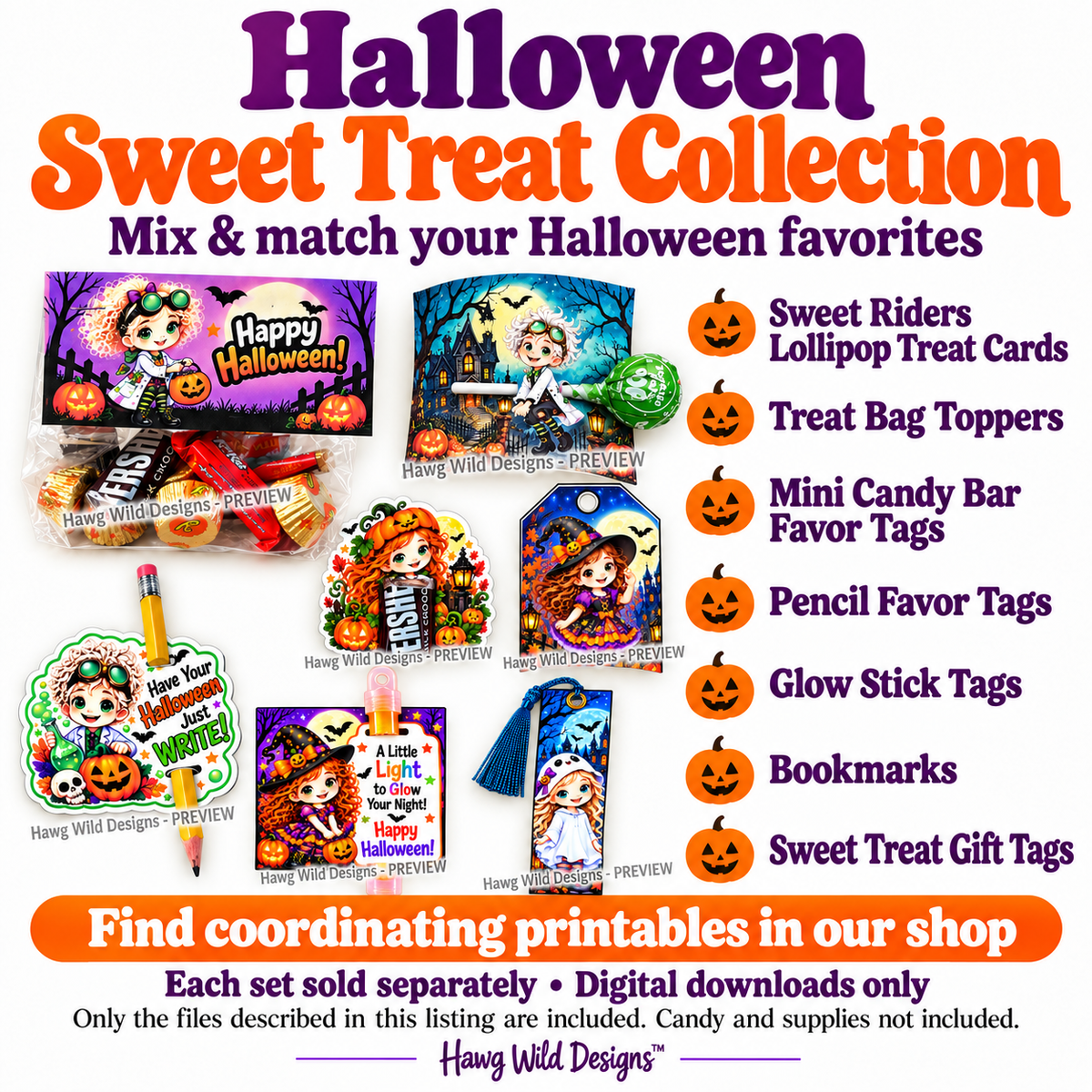 Halloween Sweet Treat Collection showing seven coordinating printable products. Each set sold separately.
