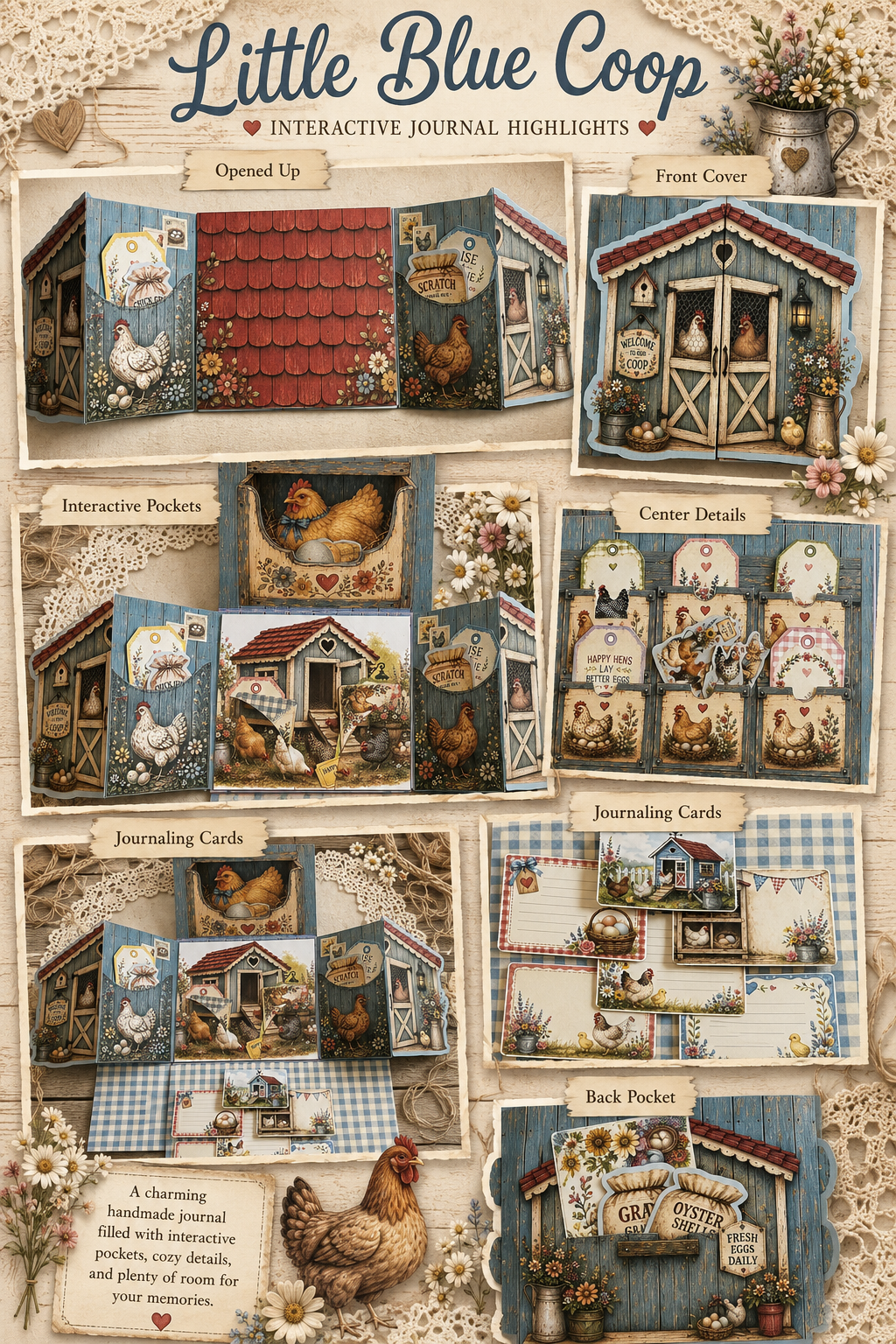Interior detail of The Little Blue Coop journal showing hens, floral accents, pockets, and removable tags