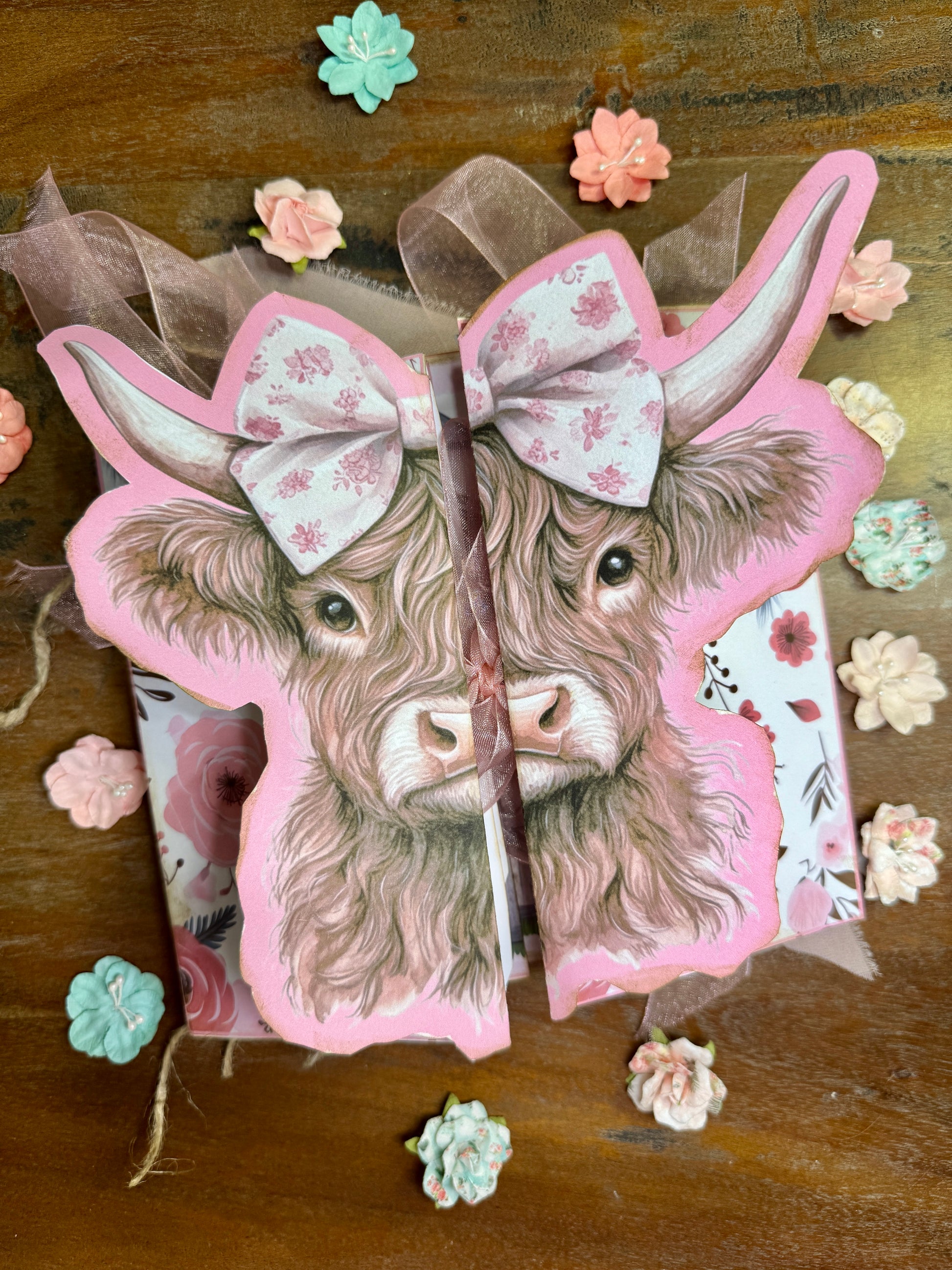 Moo-ments in Time Highland cow junk journal folio with pink floral bows and ribbon closure
