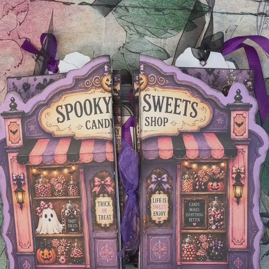 Flip-through of the Haunted Candy Shop Junk Journal Kit with layered pockets, tags, folios, ribbons and spooky candy shop Halloween details.