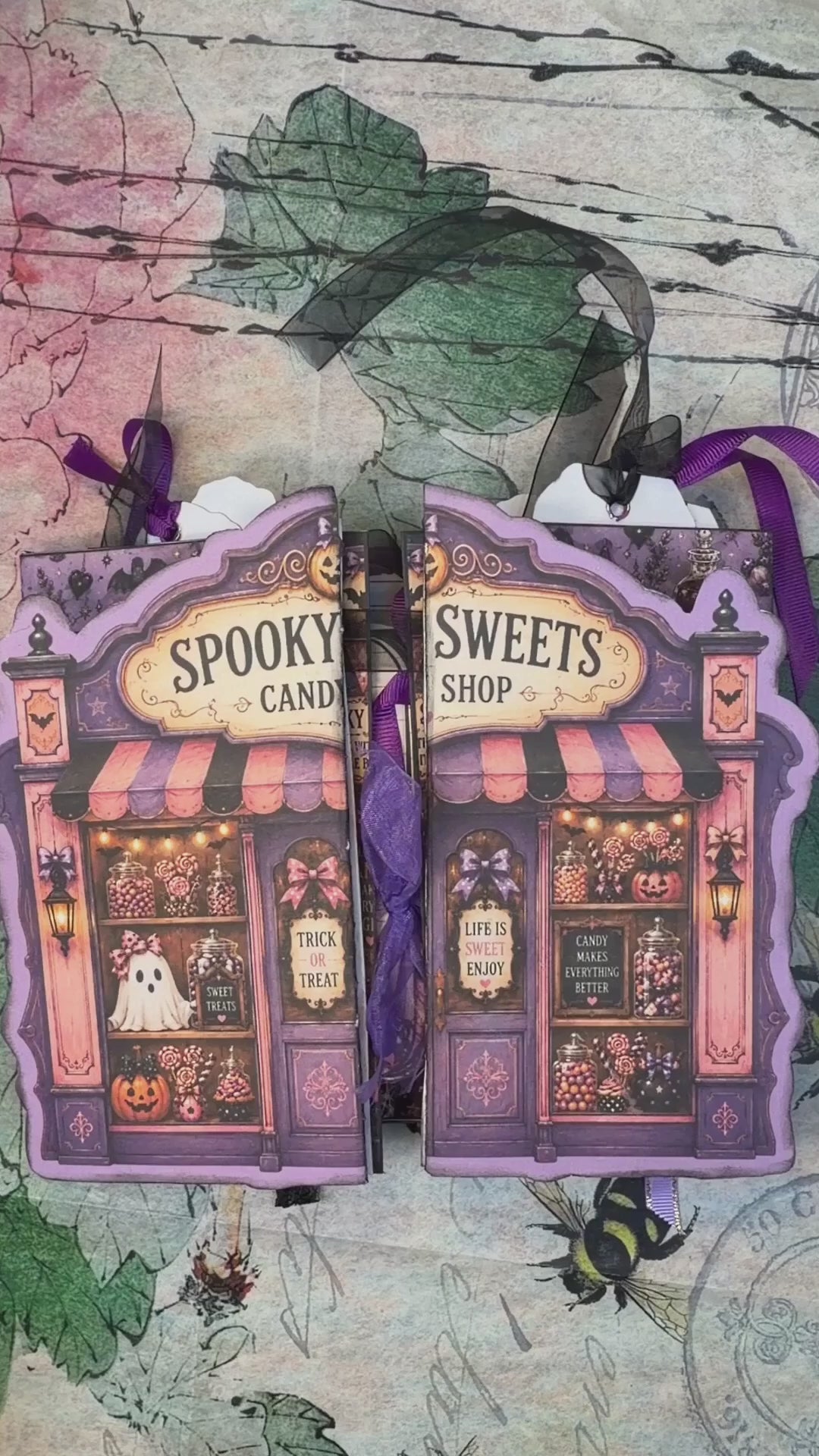 Flip-through of the Haunted Candy Shop Junk Journal Kit with layered pockets, tags, folios, ribbons and spooky candy shop Halloween details.