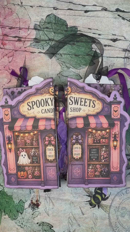 Flip-through of the Haunted Candy Shop Junk Journal Kit with layered pockets, tags, folios, ribbons and spooky candy shop Halloween details.