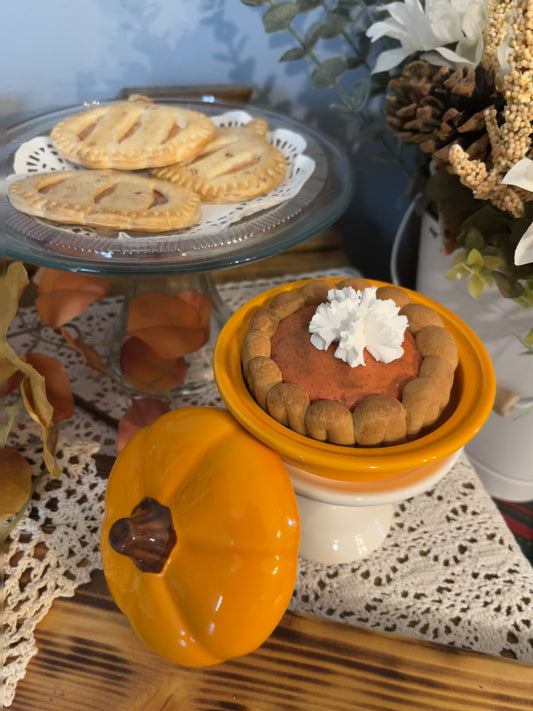 Decorative Fake Pumpkin Pie in Ceramic Pumpkin Dish - Realistic, Non-Edible Fall Decor