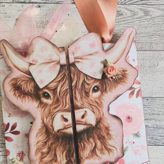 Highland cow 3d card in hobo color tones with ribbon embellishments video showing cover, inside, back with all the adornments