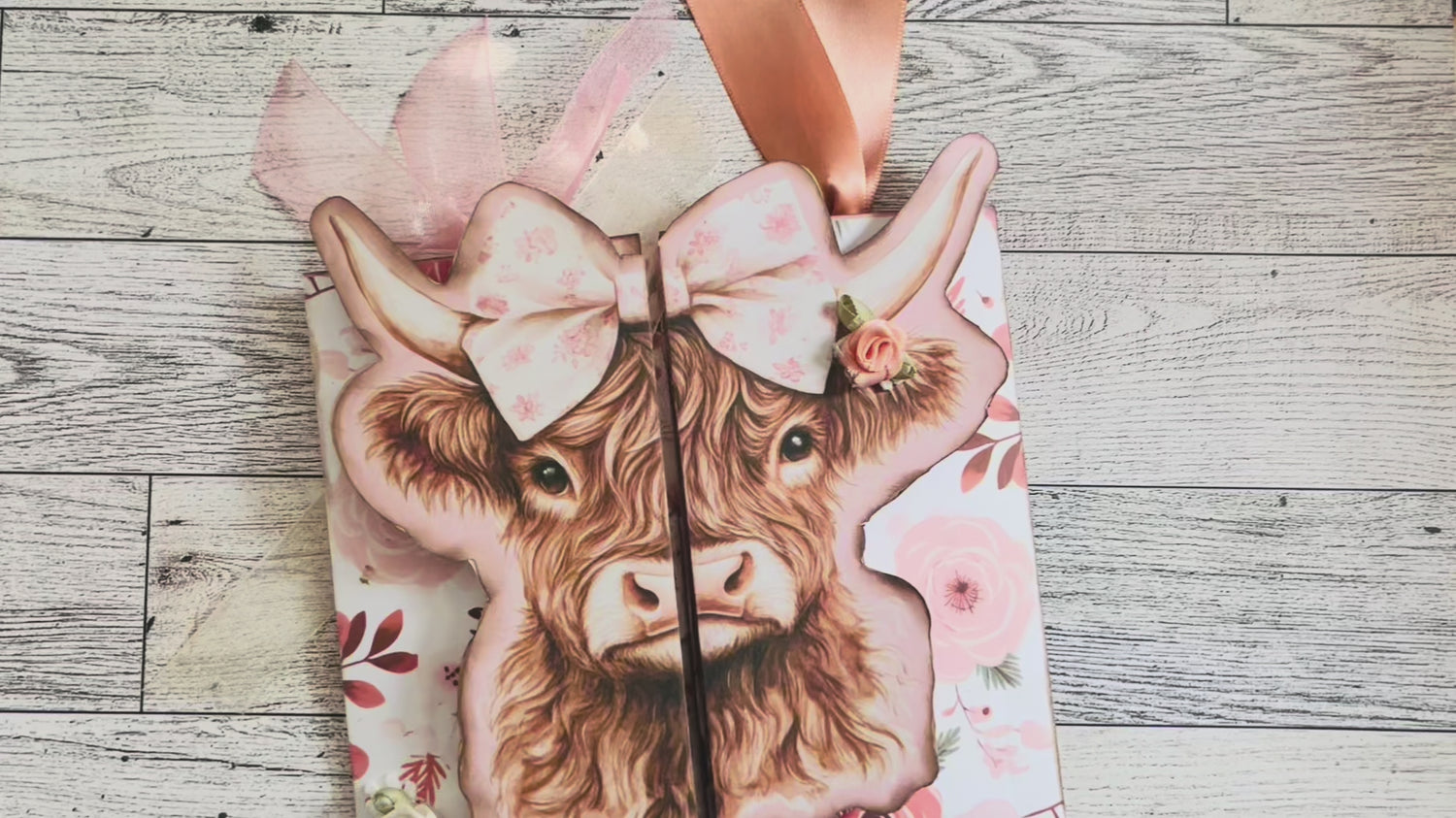Highland cow 3d card in hobo color tones with ribbon embellishments video showing cover, inside, back with all the adornments