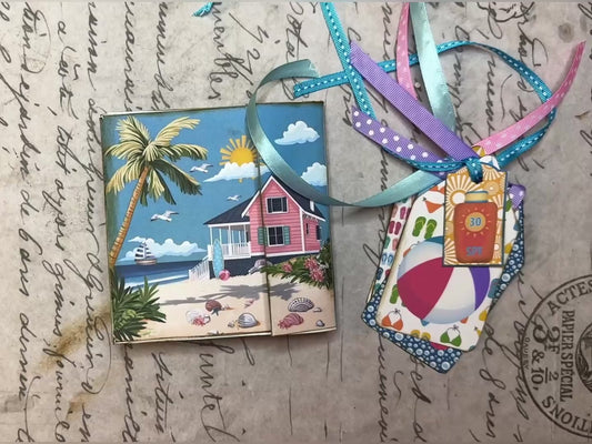 Life’s a Beach printable memory keeper folio kit featuring a pink beach house, palm trees, summer tags, bookmarks, and tropical ephemera for junk journaling and paper crafts