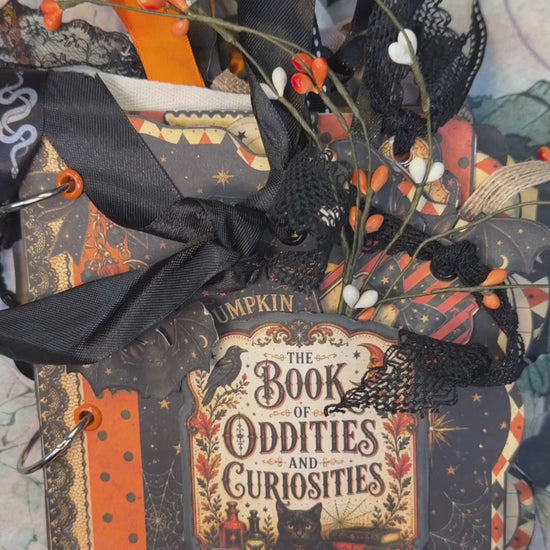 15-second flip-through of the Book of Oddities and Curiosities Junk Journal showing layered Halloween pages, pockets, tags, ribbons, owls, black cats, pumpkins, bats, and vintage ephemera.