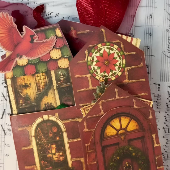 A quick flip-through of the Letters to Santa Junk Journal Folio showing its layered Christmas pages, house-shaped cover, interactive flip-outs, pockets, tags, plaid envelopes, journaling cards, Santa imagery, snow globes, ribbons, and vintage holiday ephemera.