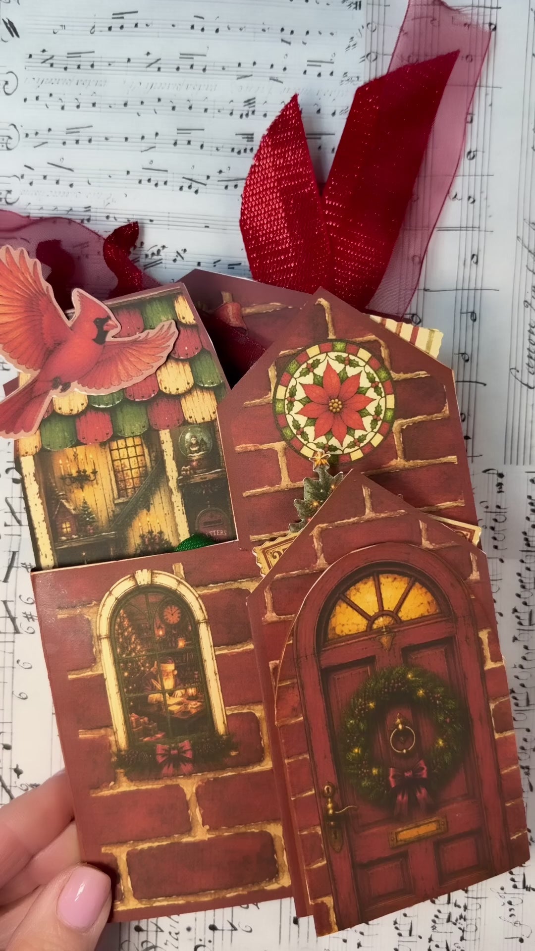 A quick flip-through of the Letters to Santa Junk Journal Folio showing its layered Christmas pages, house-shaped cover, interactive flip-outs, pockets, tags, plaid envelopes, journaling cards, Santa imagery, snow globes, ribbons, and vintage holiday ephemera.