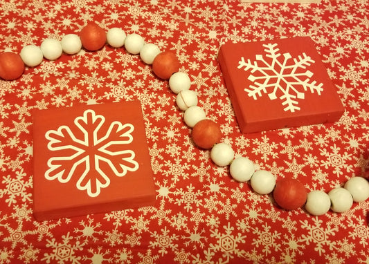 Jingle & Ho Ho Ho Wood Shelf Sitter Sign Set or Snowflakes on Red Background