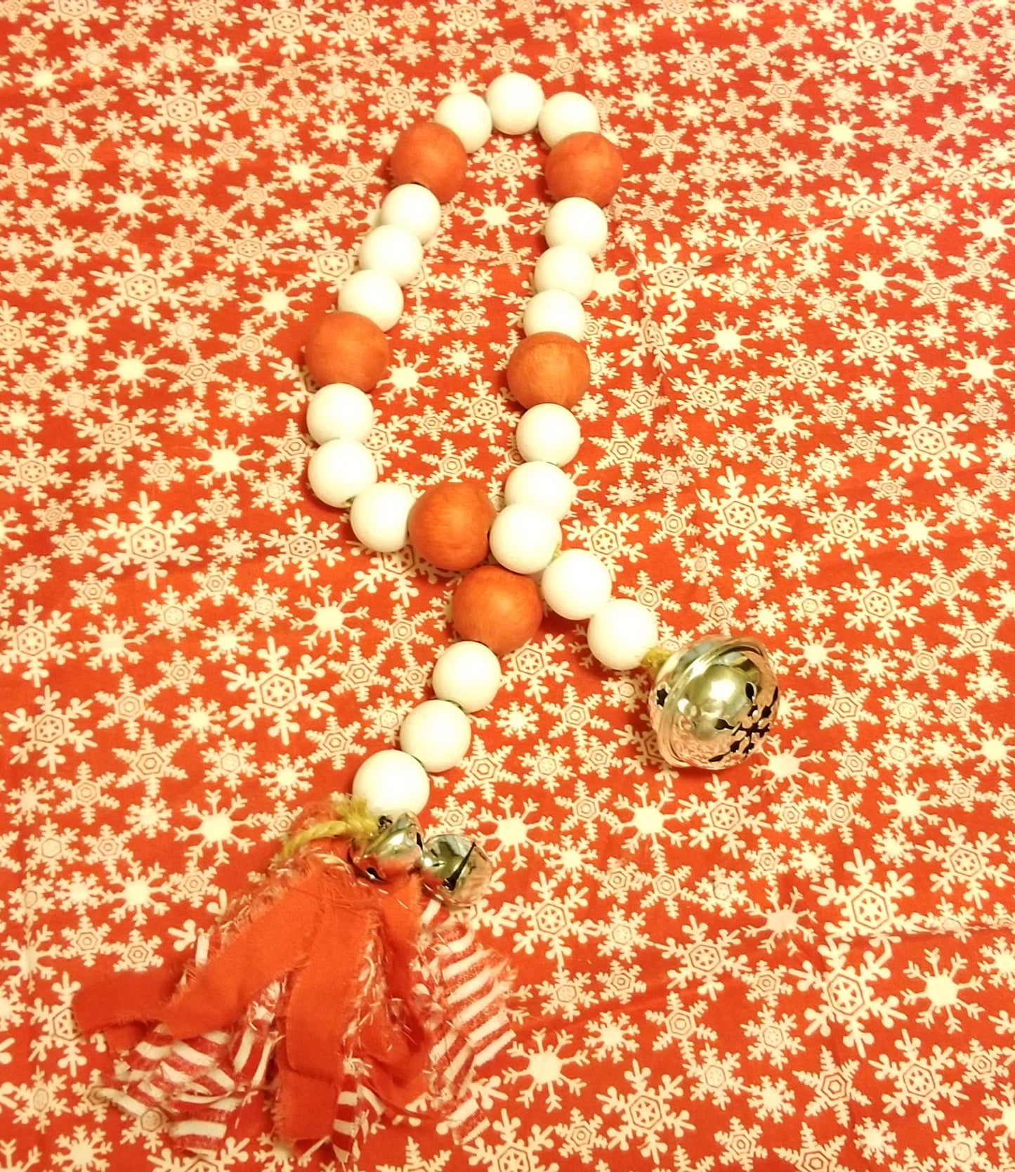 Jingle Bell Beaded Garland, Red and White with jingle bells on each end
